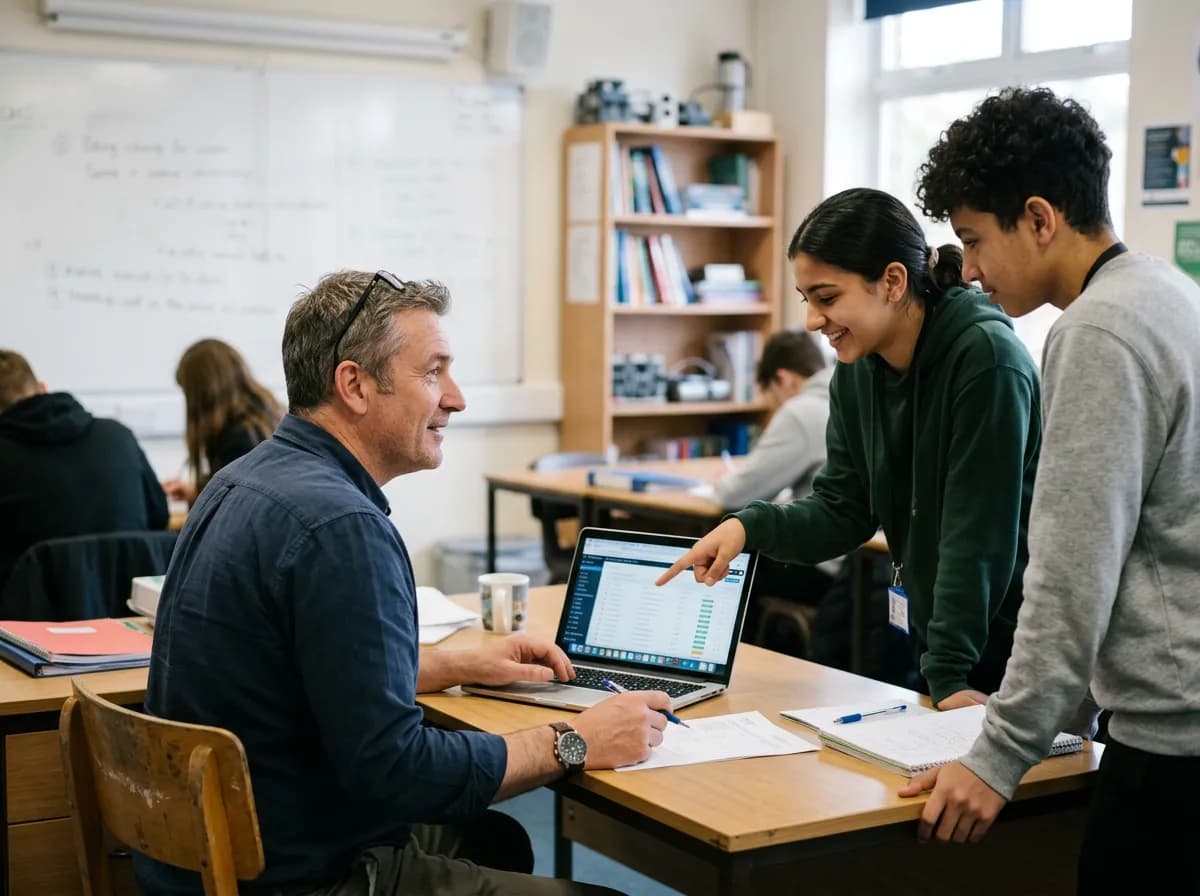 In a classroom, a teacher reviews a list on their computer with two students.