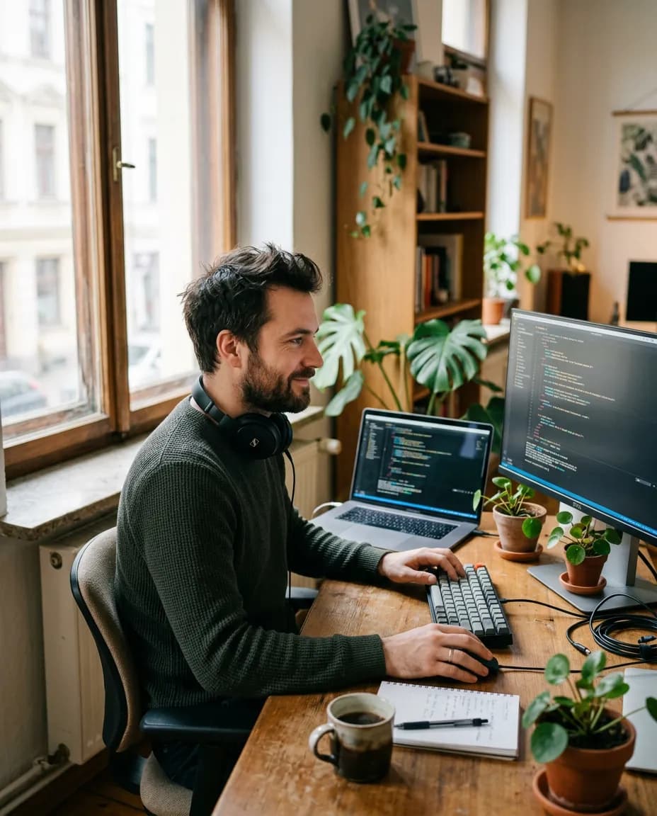 A freelance developer working from their home studio.