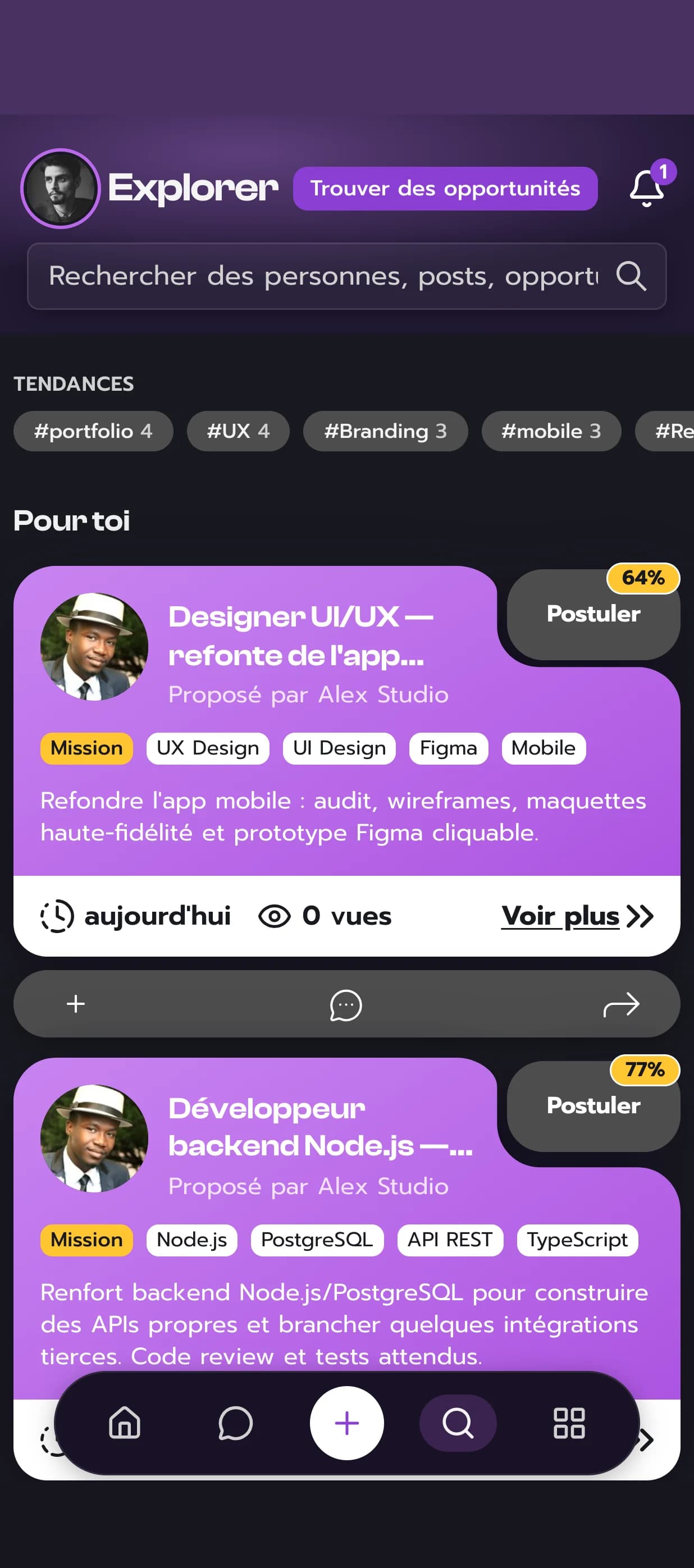 The 'Explore' screen on COLLABme's mobile app: assignments offered to a freelancer, with their match score.