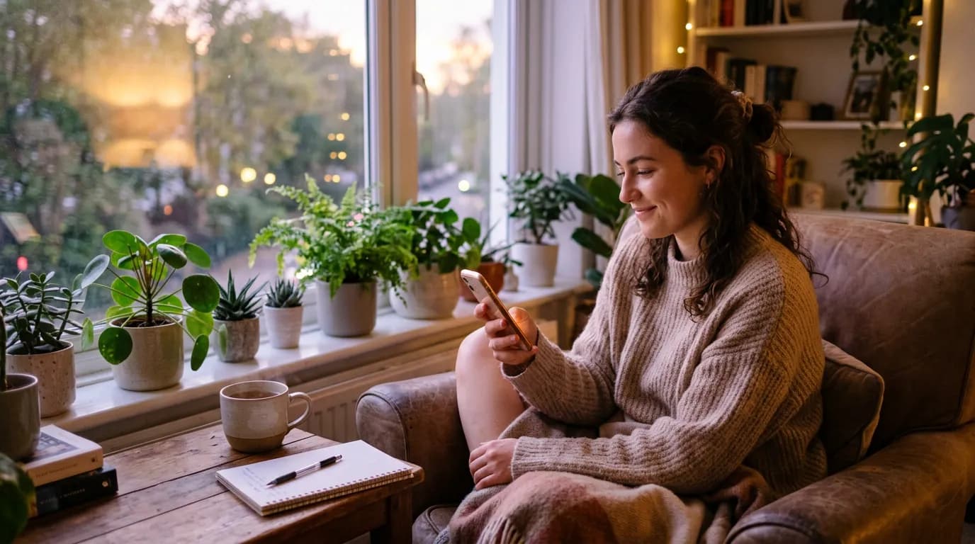 At home, a young woman calmly reads a message on her phone.