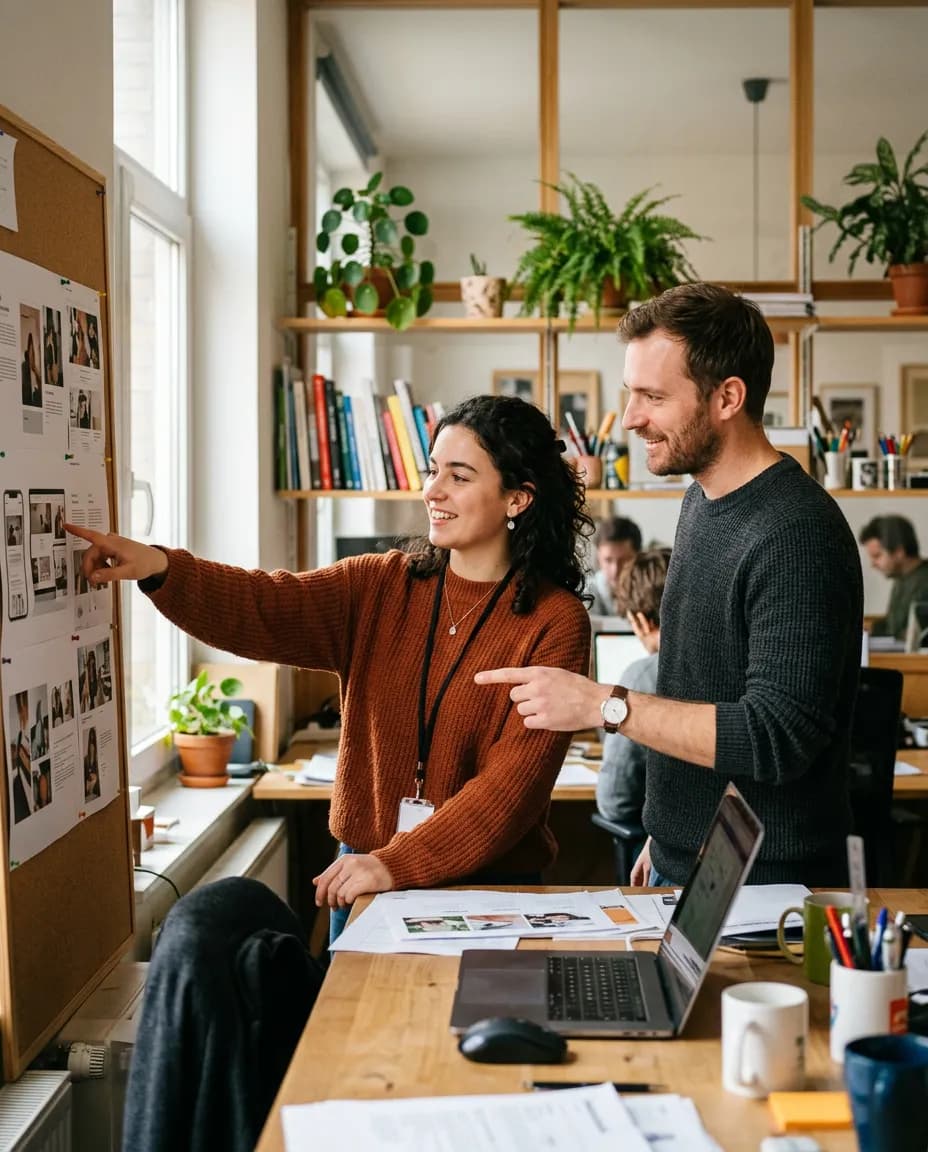 An intern presents their idea to a colleague in front of a bulletin board in a small agency.